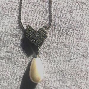 White faux Pearl drop pendant Vintage necklace with Aurora Borealis rhinestones